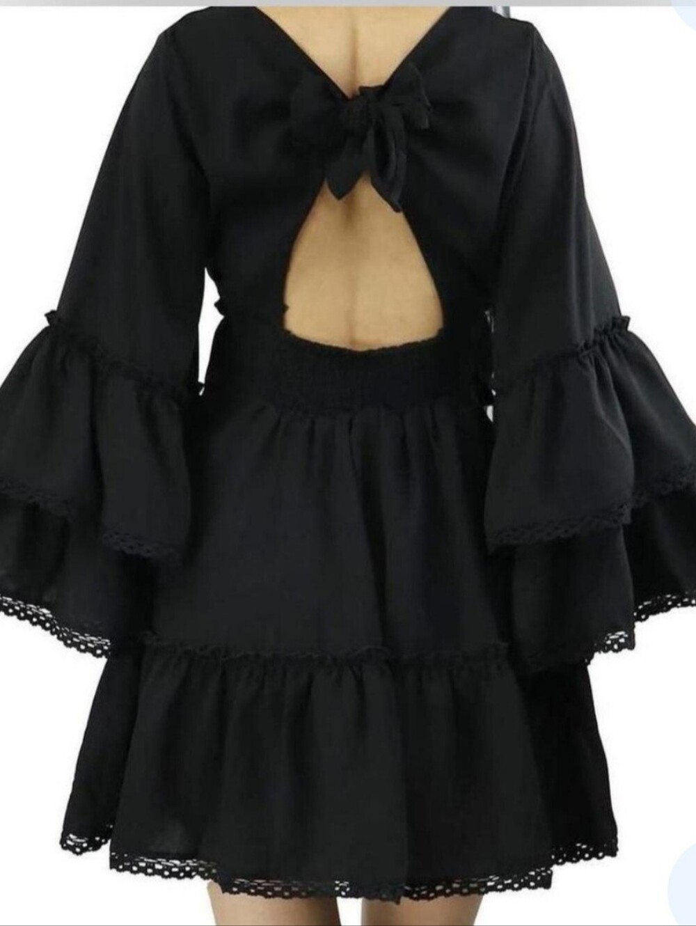 Black Ruffled Deep V NECK Flowy Mini Dress - Picture 7 of 7